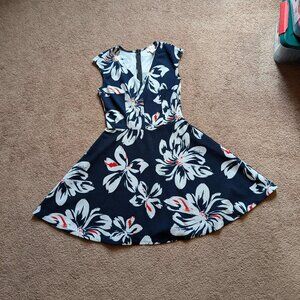 Love Ady Navy Floral Fit and Flare V Neck Dress